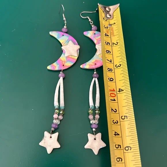 Whimsical star and moon rainbow statement earrings - Picture 4 of 5